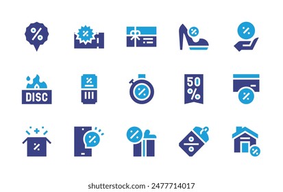 Discounts icon set. Duotone color. Vector illustration. Containing interest, discount, pricetag, openbox, coupon, highheels, smartphone, gift, timer, giftcard.