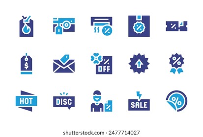 Discounts icon set. Duotone color. Vector illustration. Containing discount, flashsale, ads, sale, promotions, box, tag, photocamera, hotsale, airconditioner.