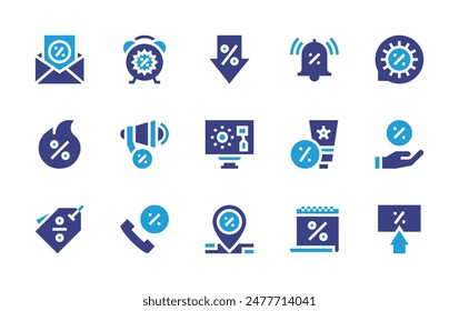 Discounts icon set. Duotone color. Vector illustration. Containing tag, sale, placeholder, promotion, time, hotsale, call, newsletter, computer.