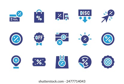 Discounts icon set. Duotone color. Vector illustration. Containing discount, shoppingbag, idea, mouseclicker, sticker, summersale, photocamera, truck.
