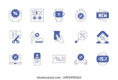 Discounts icon set. Duotone style line stroke and bold. Vector illustration. Containing search, stopwatch, sale, online, highheels, voucher, laptop, coupon, billboard, halfprice.