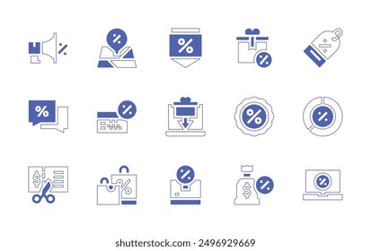 Discounts icon set. Duotone style line stroke and bold. Vector illustration. Containing discount, locationpin, graphic, pricetag, moneybag, gift, sale, shoppingbag.