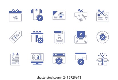 Discounts icon set. Duotone style line stroke and bold. Vector illustration. Containing discount, sale, web, agreement, mail, coupon, giftcard, pc, gift, tshirt.