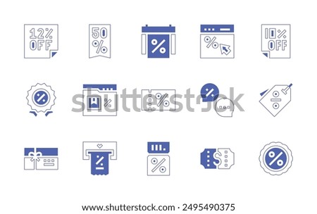 Discounts icon set. Duotone style line stroke and bold. Vector illustration. Containing discountticket, discount, sale, invoice, browser, giftcard, chat, website, calendar.