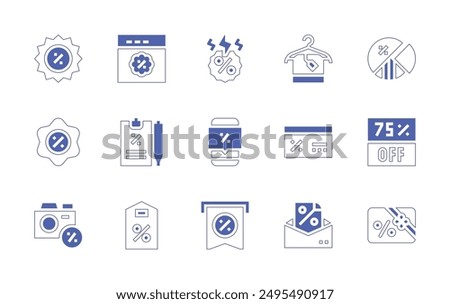 Discounts icon set. Duotone style line stroke and bold. Vector illustration. Containing discount, coupon, sales, check, voucher, sale, towel, flashsale, envelope, pricetag, sticker, camera.