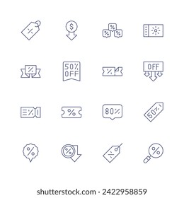 Discounts icon set. Thin line icon. Editable stroke. Containing promo, 50 percent, 90 percent, discount, discounttag, shoppingbag, percentage, 30 percent, tag.