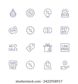 Discounts icon set. Thin line icon. Editable stroke. Containing sales, 30 percent, free, discount, discountticket, gift.