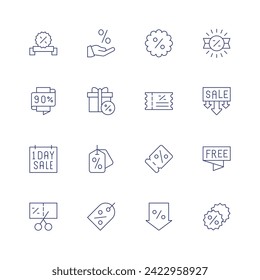 Discounts icon set. Thin line icon. Editable stroke. Containing sale, 90 percent, oneday, voucher, discount, coupon, lowprice, discounttag, pricetag.