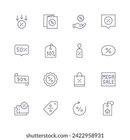 Discounts icon set. Thin line icon. Editable stroke. Containing promo, 50 percent, 90 percent, discount, discounttag, shoppingbag, percentage, 30 percent, tag.