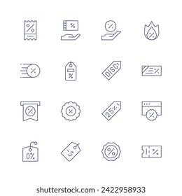Discounts icon set. Thin line icon. Editable stroke. Containing voucher, hotdeal, sale, 0 percent, discount, saletag, lowprice.