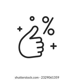 Discounts Icon. Vector Linear Editable Sign of Thumbs Up Gesture with Percentage Symbol Signifying Approval of Sale, Good Rates, Price Cut, or Marketing Deal.