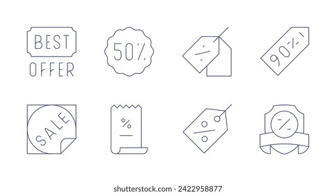 Discounts icons. Editable stroke. Containing bestoffer, sale, discount, tag, list, 50 percent.