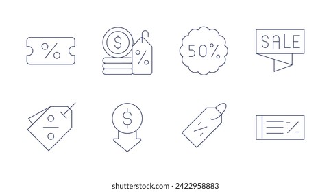 Discounts icons. Editable stroke. Containing pricetag, tag, discount, 50 percent, lowprice, money.