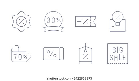 Discounts icons. Editable stroke. Containing coupon, 70 percent, discount, 30 percent.