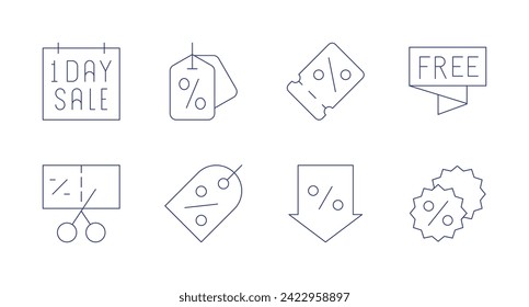 Iconos de descuentos. Trazo editable. Conteniendo un día, vale, descuento, cupón, bajo precio, descuento, precio.