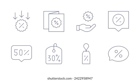 Discounts icons. Editable stroke. Containing promo, 50 percent, discount, discounttag, 30 percent.