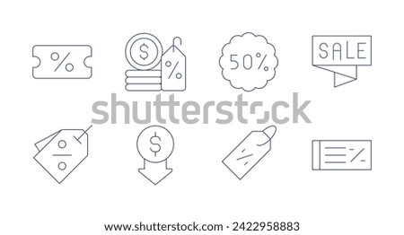 Discounts icons. Editable stroke. Containing pricetag, tag, discount, 50 percent, lowprice, money.