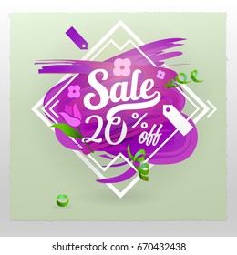 Discounts icons Sale 20% off. Magenta background brush strokes, abstract figures.Spring sale, discounts, flowers, greens, plants

