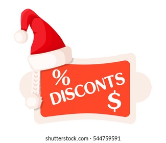 Discounts inscription and Percent dollar signs on Christmas tag in rectangular shape with round edges and fluffy ball. Vector illustration of reduction price label isolated on white in cartoon style