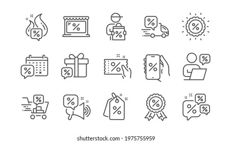 Discounts line icons. Sale Coupon, Online shopping sign, Discount price tag. Wholesale store market, calendar, hot deal line icons. Coupon ticket, megaphone offer, delivery discount. Vector