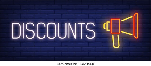 Discounts neon text with loudspeaker. Announcement, sale, advertisement design. Night bright neon sign, colorful billboard, light banner. Vector illustration in neon style.