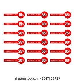 Descontos números por cento adesivos vermelhos isolados em fundo branco de 10% a 90% descontos. Elementos da promoção de vendas na moda