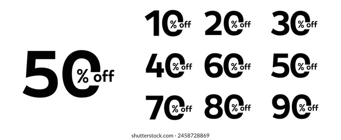 Discounts numbers of percent sign in Black and white colors isolated on white background, from 10% to 90% discounts.