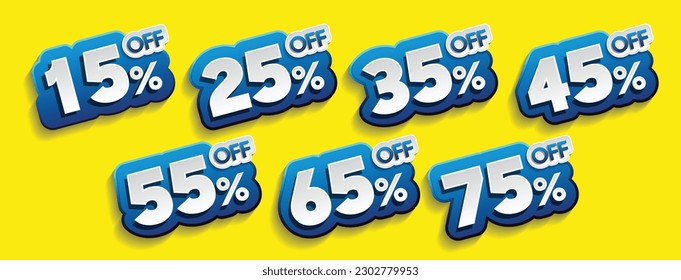 Discounts numbers percent sign in blue and white colors isolated on yellow background, from 15% to 75% discount's.