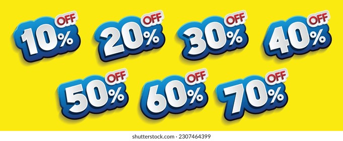 Discounts numbers of percent sign in blue and white colors isolated on yellow background, from 10% to 70% discount's.