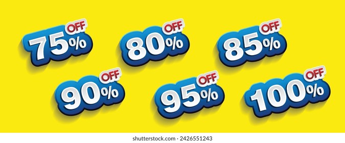 Discounts numbers of percent sign in blue and white colors isolated on yellow background, from 75% to 100% discounts. Sale off discount promotion set made of numbers 