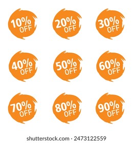 Discounts numbers of percent sign in orange and white colors isolated on white background, from 10% to 90% discounts.