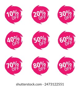 Discounts numbers of percent sign in pink and white colors isolated on white background, from 10% to 90% discounts.