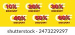 Discounts numbers percent sign in red and white colors isolated on yellow background, from 10% to 60% discount