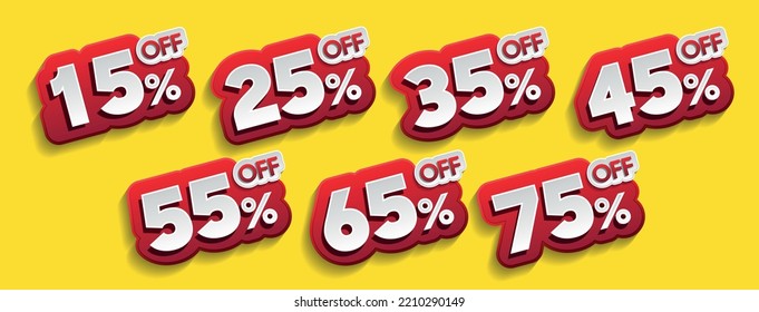 Discounts numbers percent sign in red and white colors isolated on yellow background, from 15% to 75% discount's.