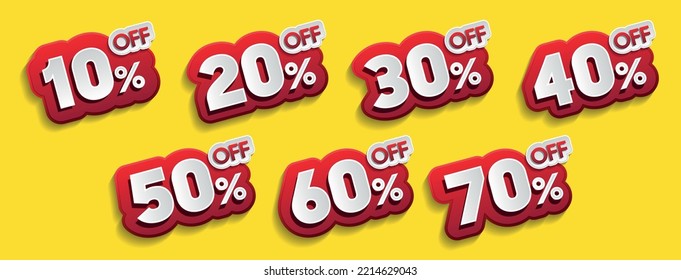 Discounts numbers percent sign in red and white colors isolated on yellow background, from 10% to 70% discount's.