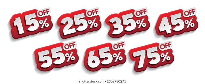 Discounts numbers percent sign in red and white colors isolated on white background, from 15% to 75% discounts.