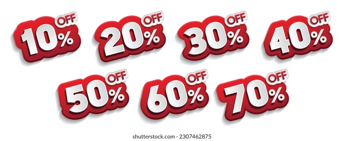 Discounts numbers of percent sign in red and white colors isolated on white background, from 10% to 70% discounts. svg