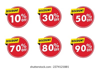 Discounts numbers percent sign in red and white colors isolated on white background, from 10% to 90% discounts. discount circle design