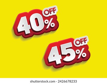 Discounts numbers of percent sign in red and white colors isolated on yellow background, from 40% to 45% discounts.
