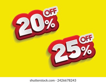 Discounts numbers of percent sign in red and white colors isolated on yellow background, from 20% to 25% discounts.