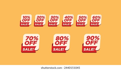 Discounts numbers of percent sign in red and white colors isolated on yellow background, 10%,20%,30%,40%,50%,60%,70%,80%,90% discounts. vector illustration EPS10.eps