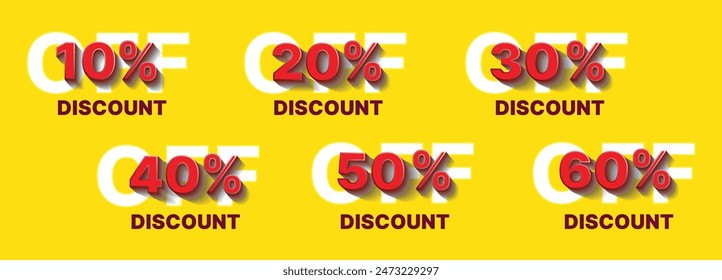 Discounts numbers percent sign in red and white colors isolated on yellow background, from 10% to 60% discount's.