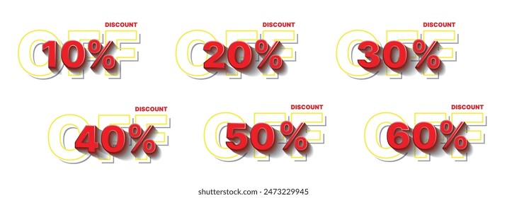 Discounts numbers percent sign in red and white colors isolated on WHITE background, from 10% to 60% discount's.