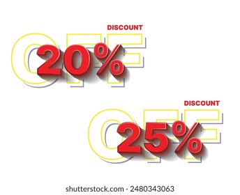 Rabatte Anzahlen Prozent Melden Sie sich an Rot und Weiß Farben isoliert auf WEISSEM Hintergrund, von 20% bis 25% Rabatt.