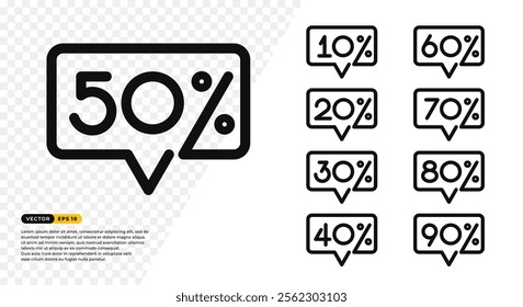 Discounts numbers percent sign with speech bubble frame icon isolated on white background. Line art doodle style 10, 20, 30, 40, 50, 60, 70, 80, 90 percent. Vector Illustration