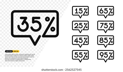 Discounts numbers percent sign with speech bubble frame icon isolated on white background. Line art doodle style 15, 25, 35, 45, 55, 65, 75, 85, 95 percent. Vector Illustration