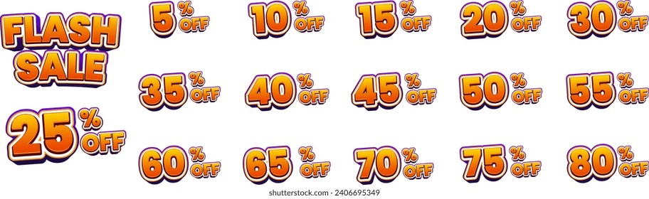 Discounts numbers of percent sign sticker set for flash sale events, promotions, and marketing