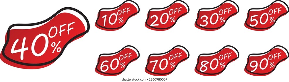 Discounts numbers of percent signs collection isolated on white background. From 10% to 90% discounts. Vector illustration