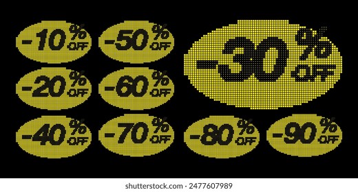 Discounts numbers percent in tech pixel art style. Set stickers in rounded shapes - concept for promotional elements, sales campaigns, and digital marketing. Vector illustration