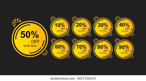 Discounts numbers set of percent sign in yellow gradients colors isolated on white background, percentage of 10%,20%,30%,40%,50%,60% and 70% discounts. vector illustration